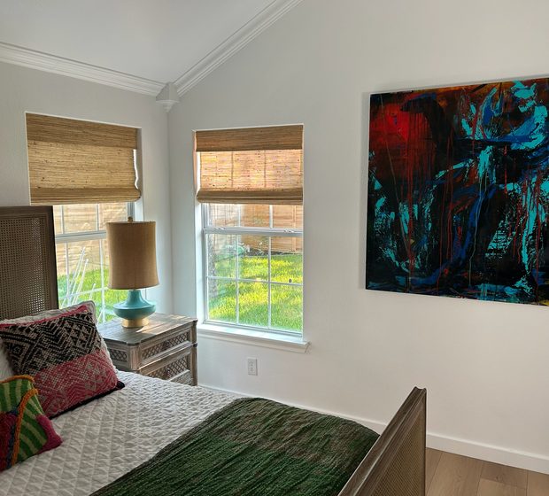 Woven wood shades in an Iowa home by Love Is Blinds