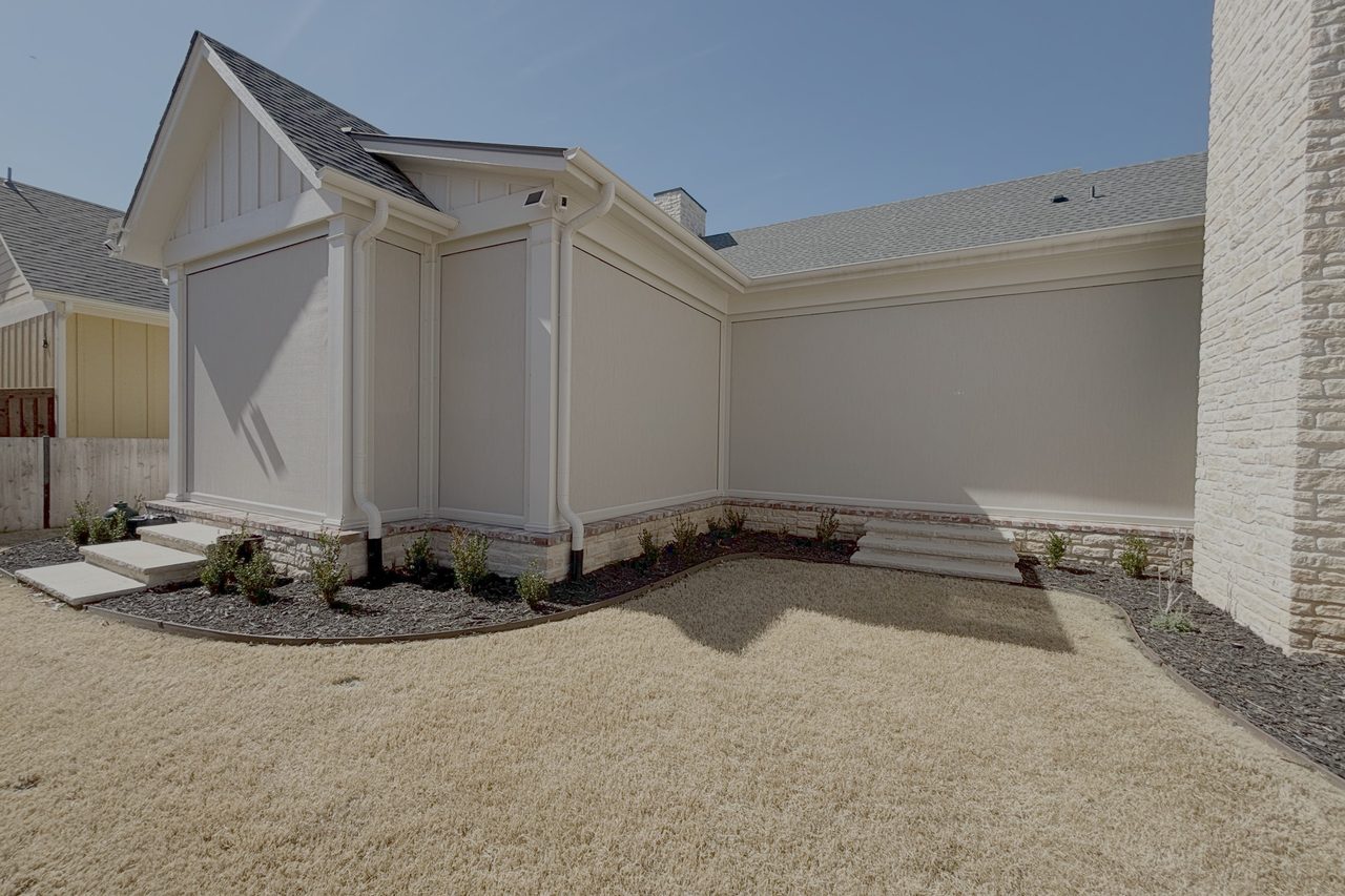 Patio with the exterior shade down for shade and privacy